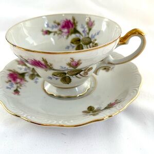 Aladdin Fine China Japan Rose Transfer Embossed Edge Tea Cup & Saucer
